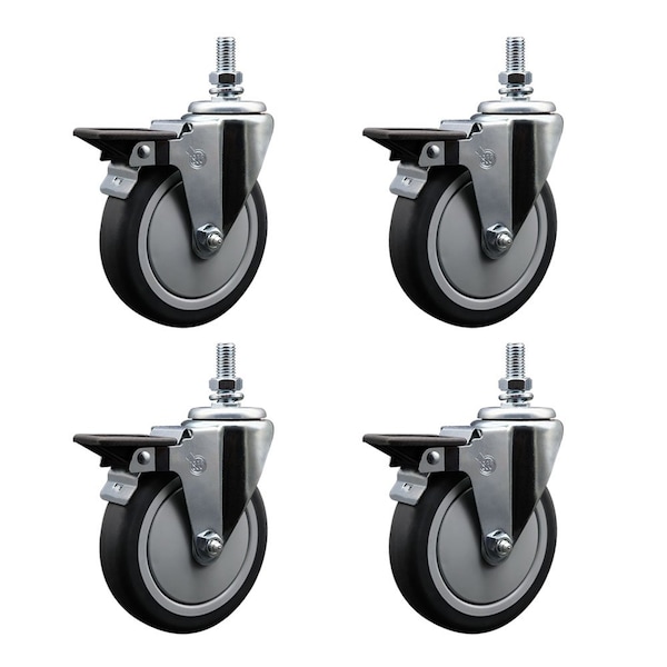 6 Inch Thermoplastic Rubber 10 MM Threaded Stem Caster Set with Brake